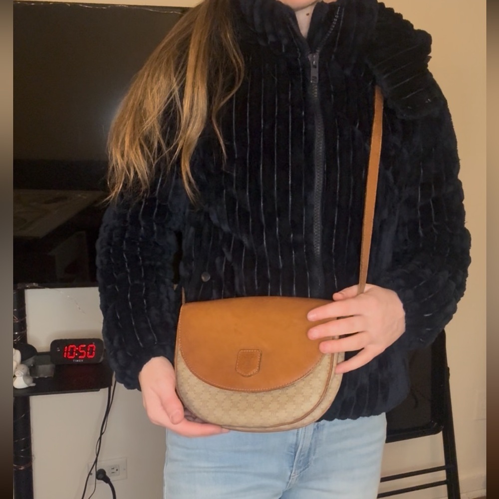 CELINE Vintage Triomphe Monogram Canvas Leather Saddle Crossbody Bag